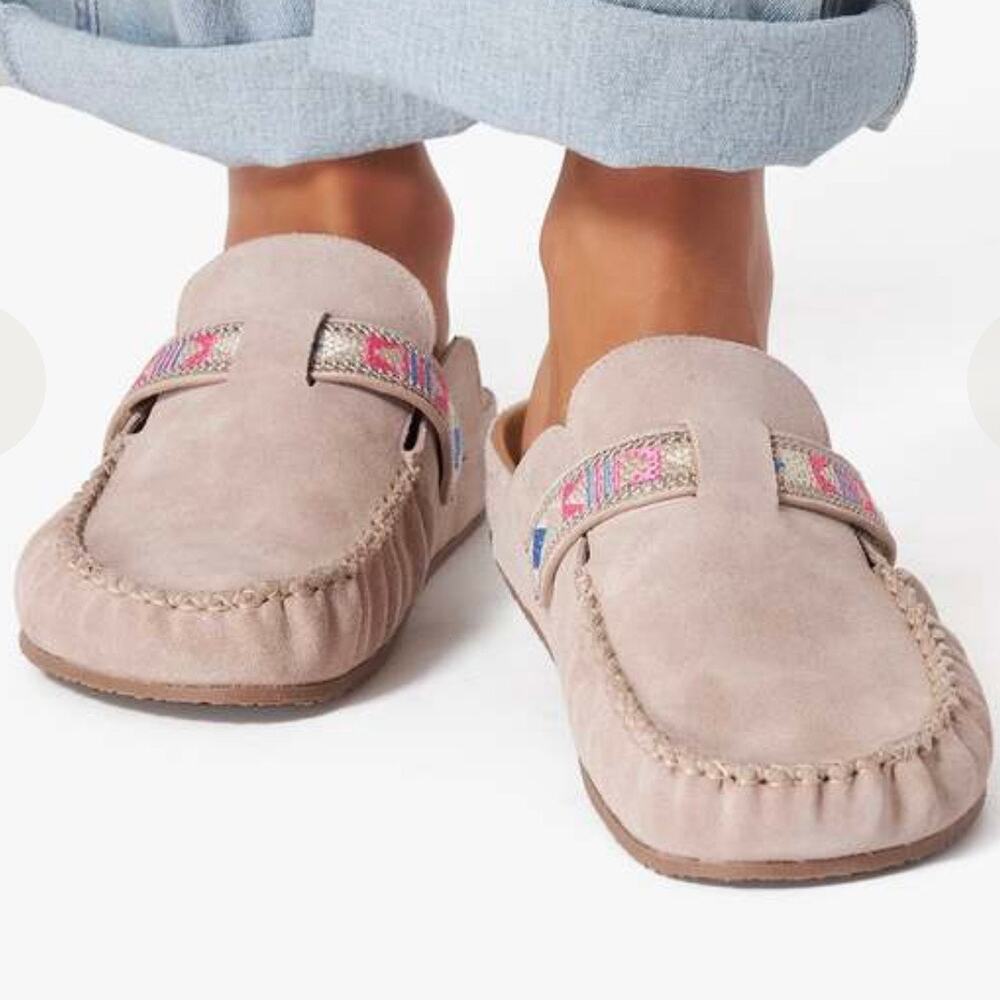 XIRENA | Inez Clog Mules Slide On Suede Embroidered Clogs Beige Pink Blue | 41